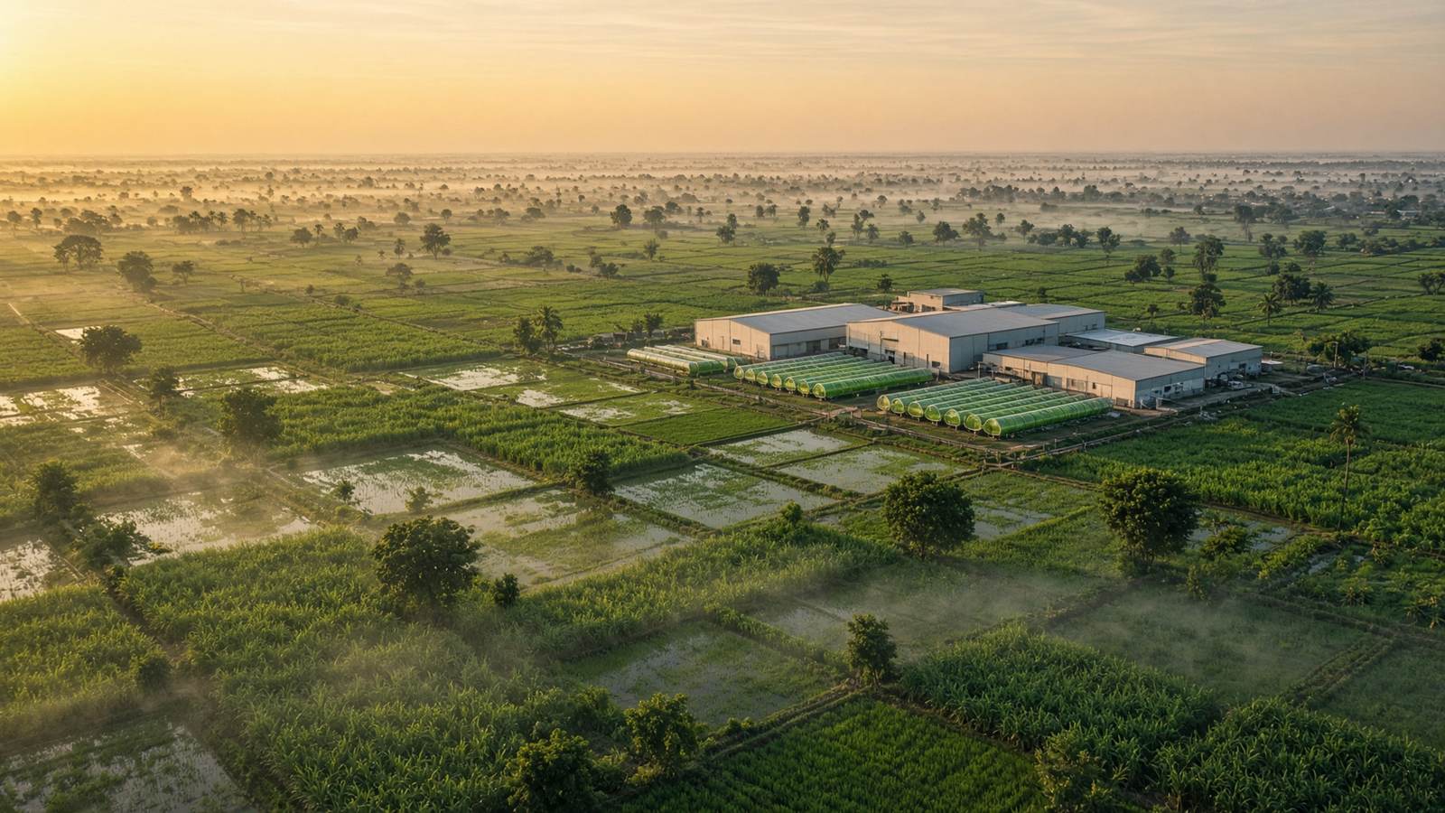 Aerial view of working farmland at sunrise, with a compact processing campus set among green fields — the visual world of AGMA Energy’s biological crop inputs.